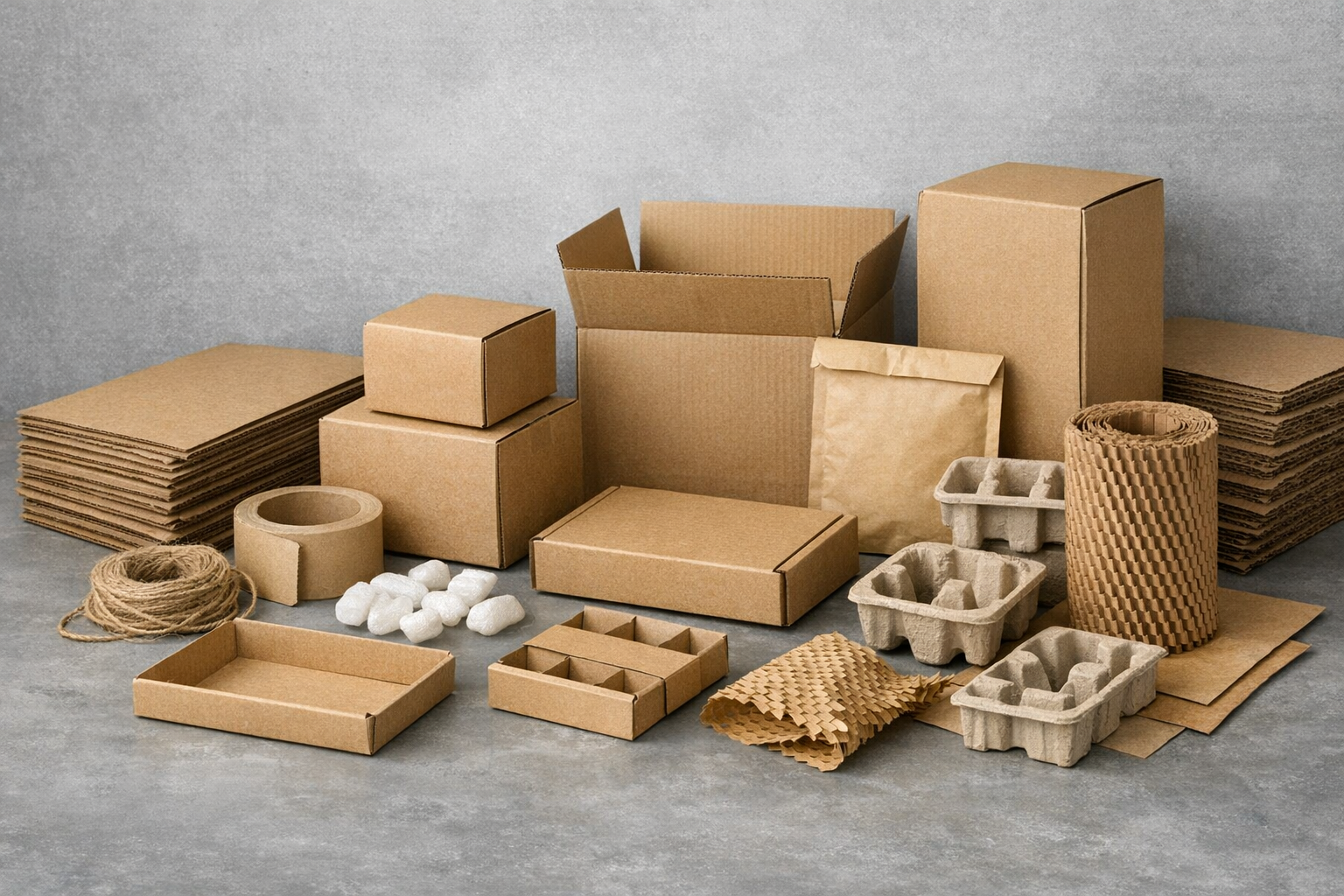 Clean Workspace with Cardboard Packaging and Sustainable Boxes