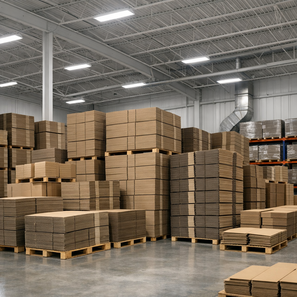Organized Cardboard Stacks in Clean Warehouse