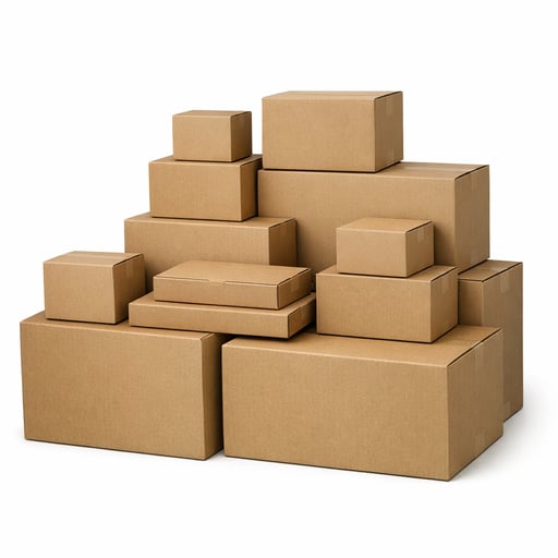 Clean stack of brown cardboard boxes in various sizes for shipping and storage