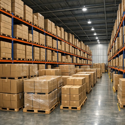 Organized warehouse storage of cardboard boxes ready for dispatch