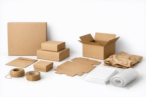 Clean minimal display of cardboard boxes and packaging materials arranged on white surface