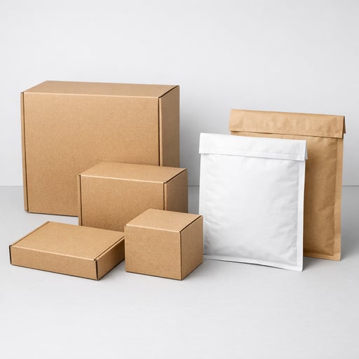 Clean, minimal e-commerce packaging materials including cardboard boxes and padded mailers