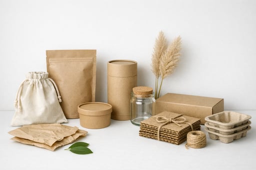 Clean, minimal sustainable packaging materials display