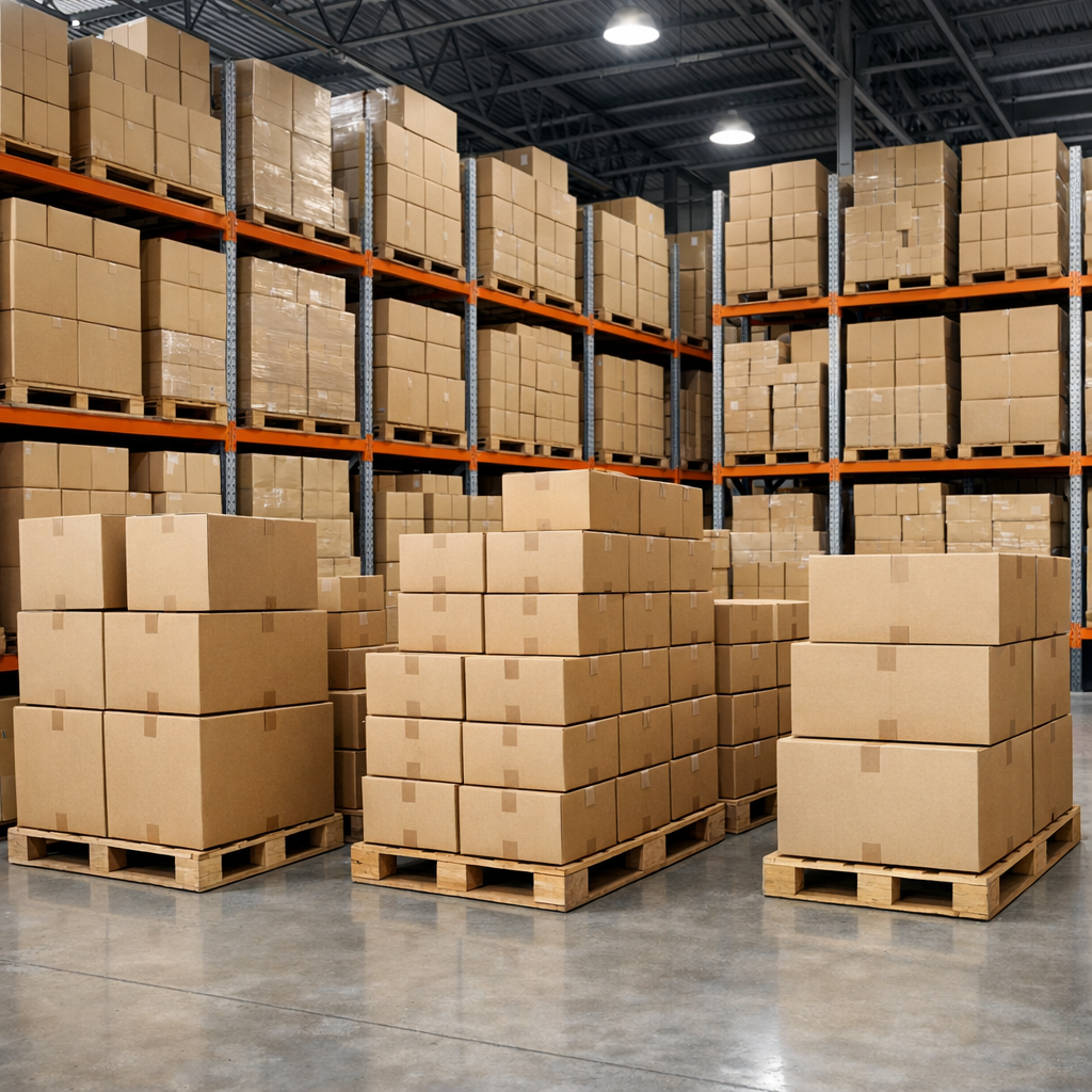clean stacked cardboard boxes in organized warehouse